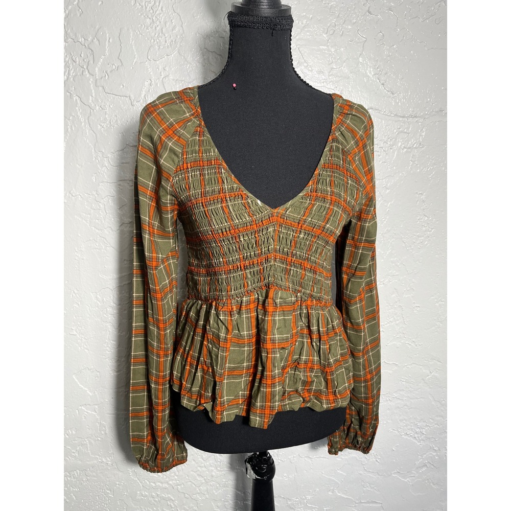 Love, Fire NWT Plaid Smocked Peplum Top Olive Orange Size M